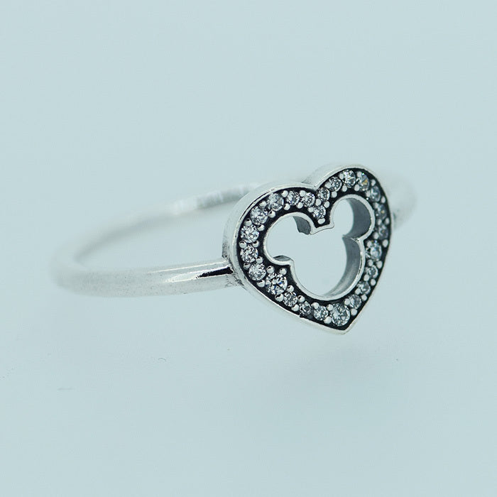 100% 925 Sterling Silver Jewelry Heart Rings and Cut Out Mouse Silhouette