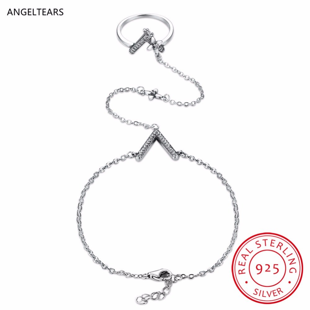 100% 925 Sterling Silver Letter V Charm Bracelet & Bangles with Zircon Woman Vintage Party Jewelry Wedding Gifts pulseira