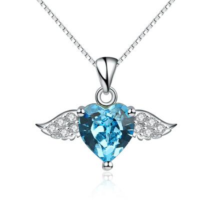 100%925 Sterling Silver Necklace Angel Heart Pendant Pink Crystal High Jewelry Woman Gift