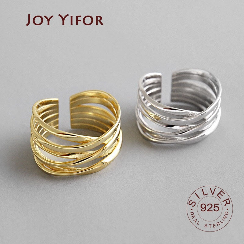 100% 925 Sterling Silver Open Ring for Women INS Minimalist Irregular Wave Pattern Gold Color Jewelry Bijoux Birthday