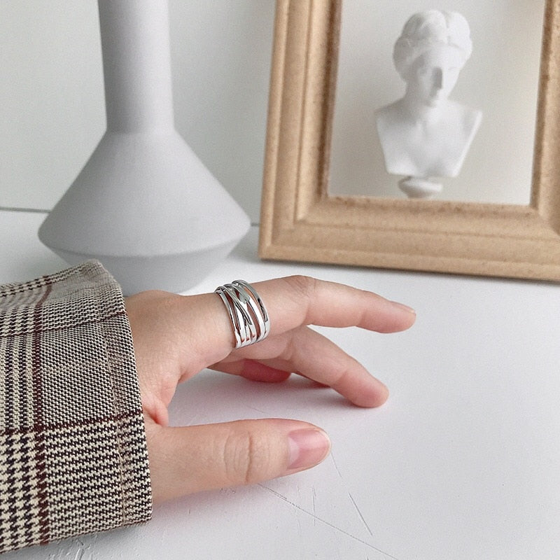 100% 925 Sterling Silver Open Ring for Women INS Minimalist Irregular Wave Pattern Gold Color Jewelry Bijoux Birthday