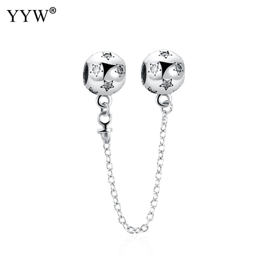 100% 925 Sterling Silver Pave Inspiration Safety Chain, Clear CZ Stopper Charms Star pattern Fit Bracelet Fashion Jewelry