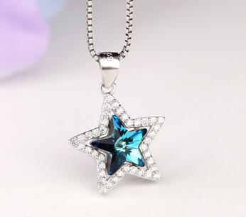 100%925 Sterling Silver Pentacle AAA Zircon Austrian Crystal Pendant Wedding Accessories Women Necklace