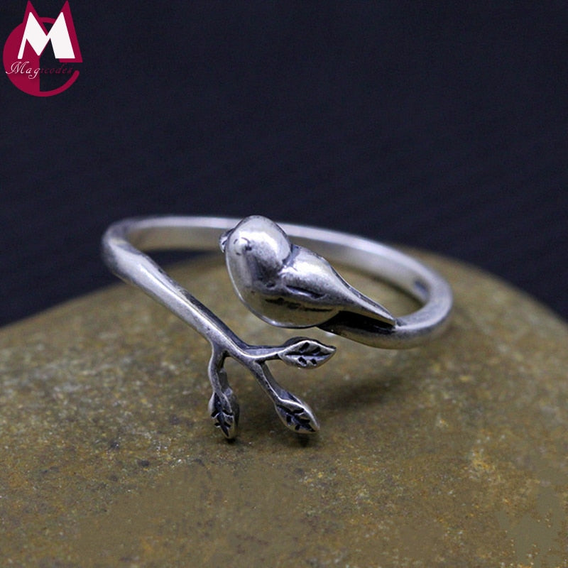 100% 925 Sterling Silver Ring For Women Vintage Handmade Tree Leaves Heart Bird Fashion Lady Magpie Opening Ring Jewelry SR30