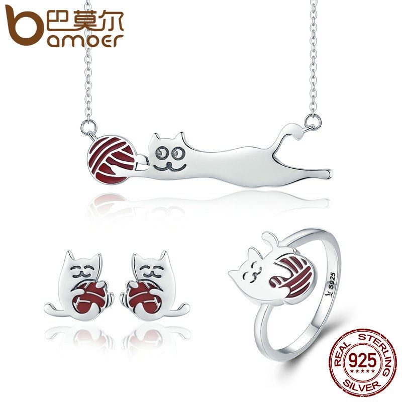 100% 925 Sterling Silver Set Naughty Little Cat Necklace Earrings Ring Jewelry Sets Sterling Silver Jewelry Gift ZHS046