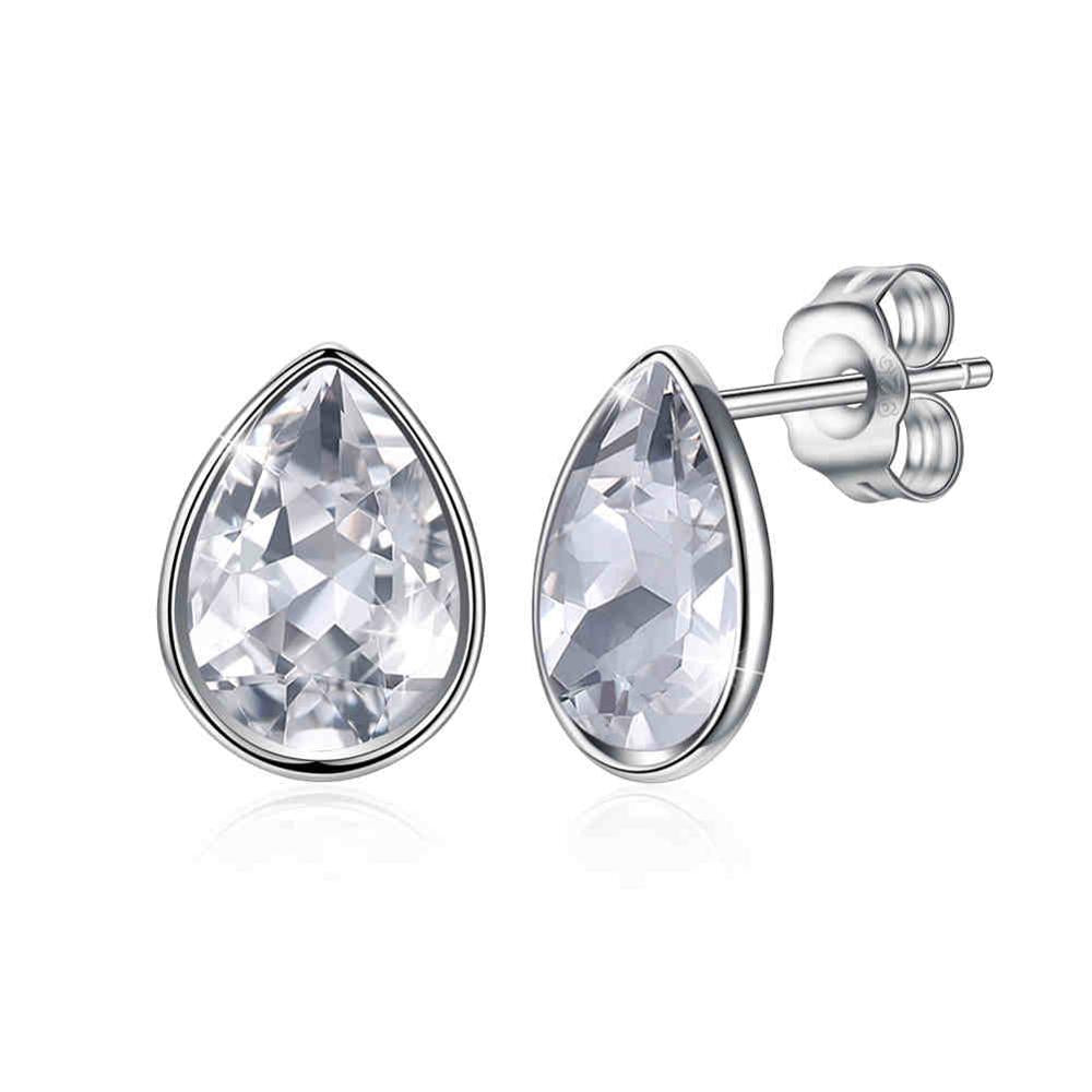 100% 925 Sterling Silver Water Droplet Pink Crystal Female Stud Earrings Jewelry Gift For Women