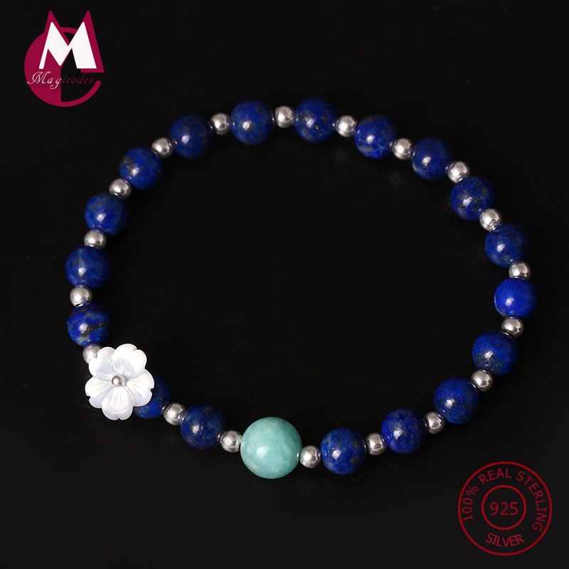 100% 925 Sterling Silver Women's Bracelet Bangle Natural Lapis Crystal Flower Bracelets Trendy Round Bangle Fine Jewelry YB23