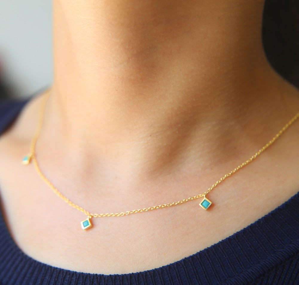 100% 925 Sterling silver Square Turquoises Drop green Charm Necklace For Women girls top quality delicate tiny enamel necklace