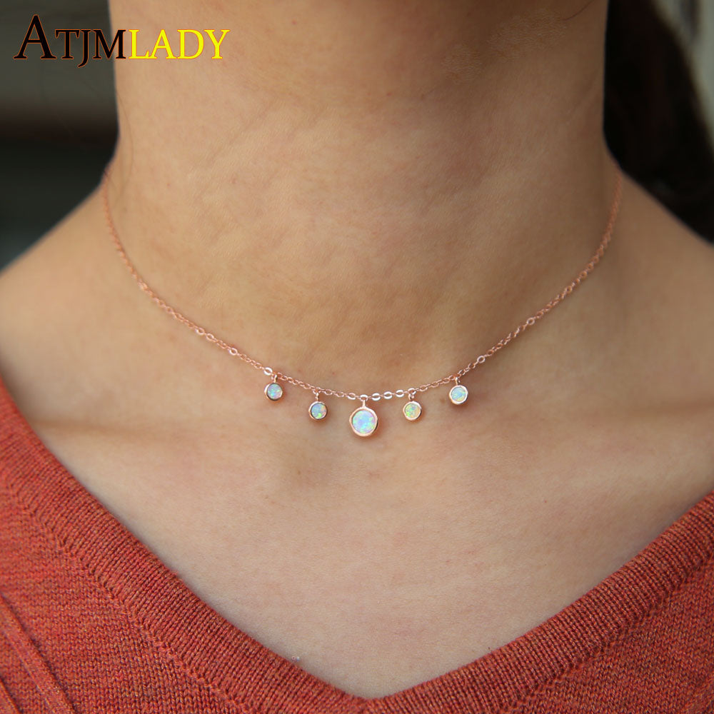 100% 925 silver valentine's delicate necklace drop c opal fire bead necklace for women lady girly multi layer choker necklace