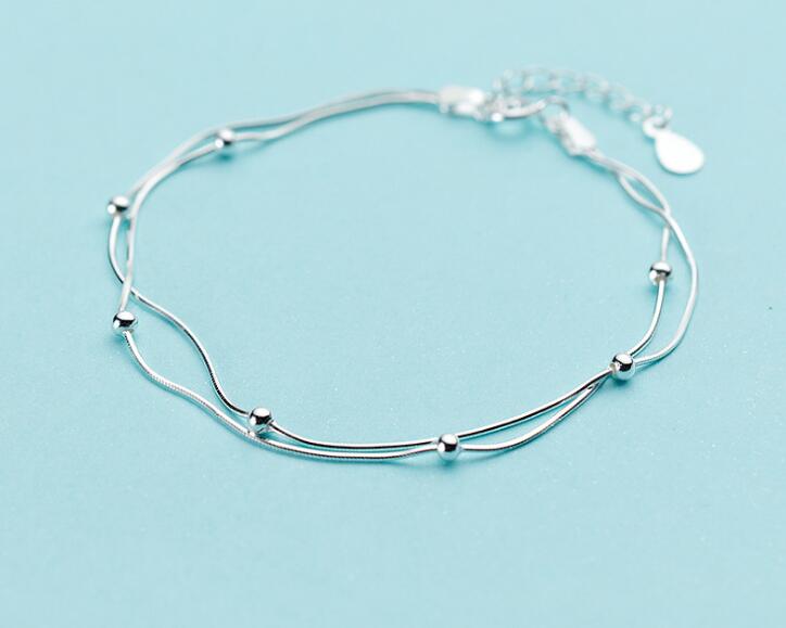 100% Authentic Real. 925 Sterling Silver Fine Jewelry Double-Rows Snakebone chain with Lucky round beads Chain Bracelet GTLS708