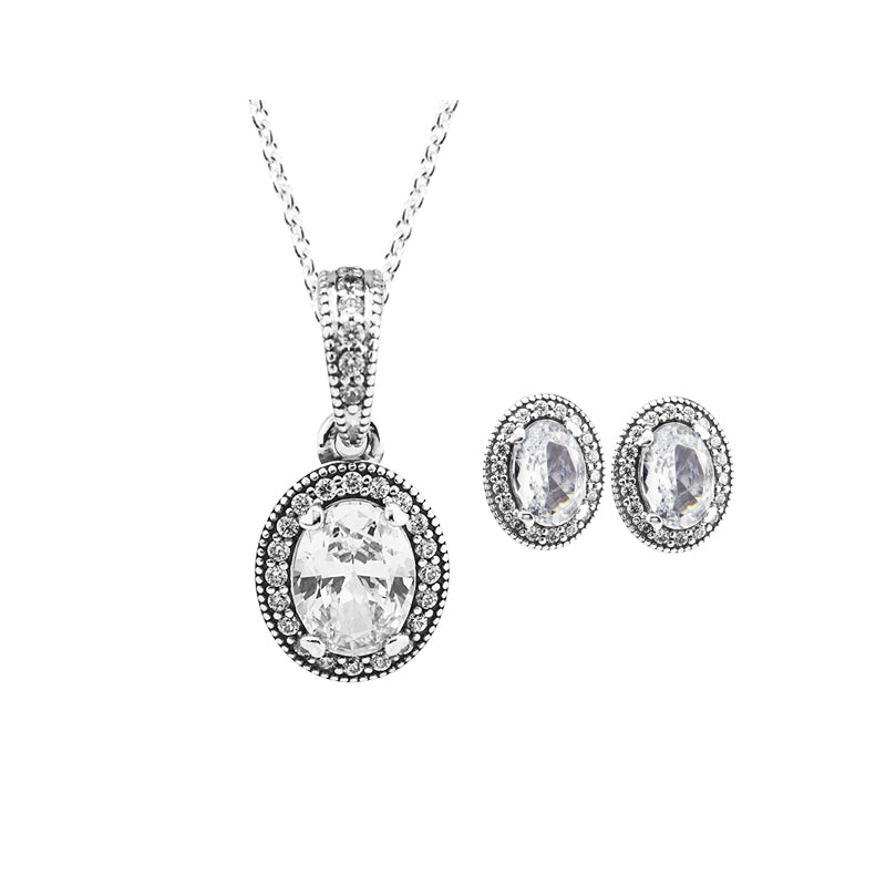 100% Genuine 925 Sterling Silver Vintage Elegance Pendant Jewelry Set for Women Clear CZ Necklaces Earrings Berloque Jewelry