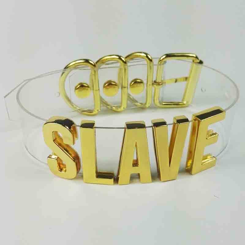 100% Handmade Punk Cosplay Halloween Choker 35mm Tall Gold Letter Clear PVC Vinyl Slave Collar Harajuku BDSM Buckle Necklace