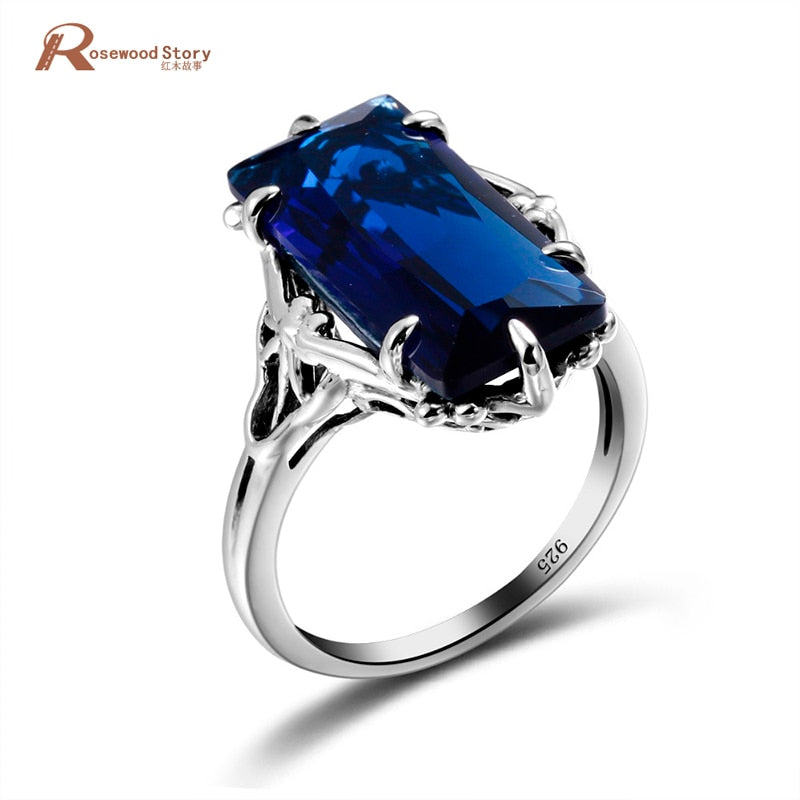 100% Handmade Real 925 Sterling Silver Rings For Women Classic Big Lab Sapphire Stone Anniversary Ring Fine Jewelry  Gift