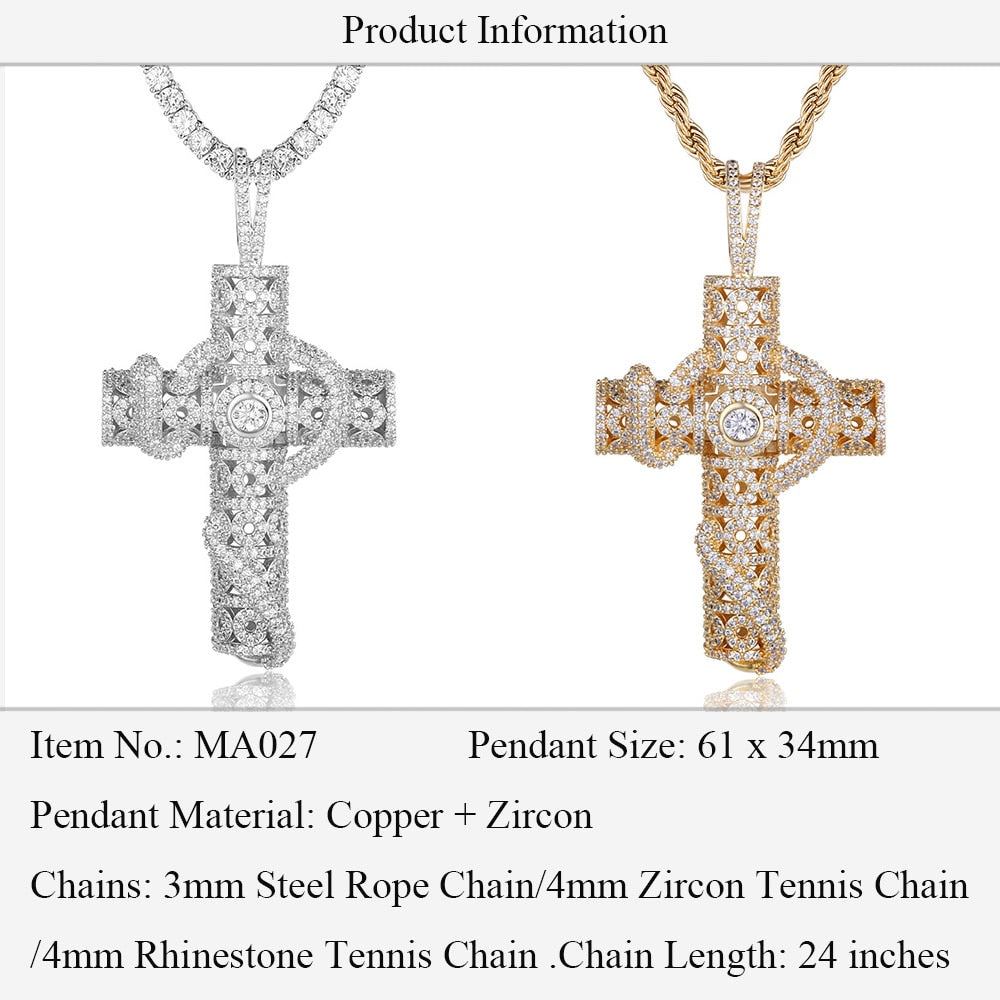 100% Micro Zircon Hip Hop Cross Pendant Necklace For Men Jewelry Gift Bling Bling Party Iced Out Necklaces
