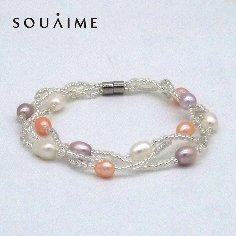 100% Natural Pearl Bracelet 3pcs Purple White Pink 6-7MM Women's Boutique Bracelet For Women Charm Pulseiras Femininas