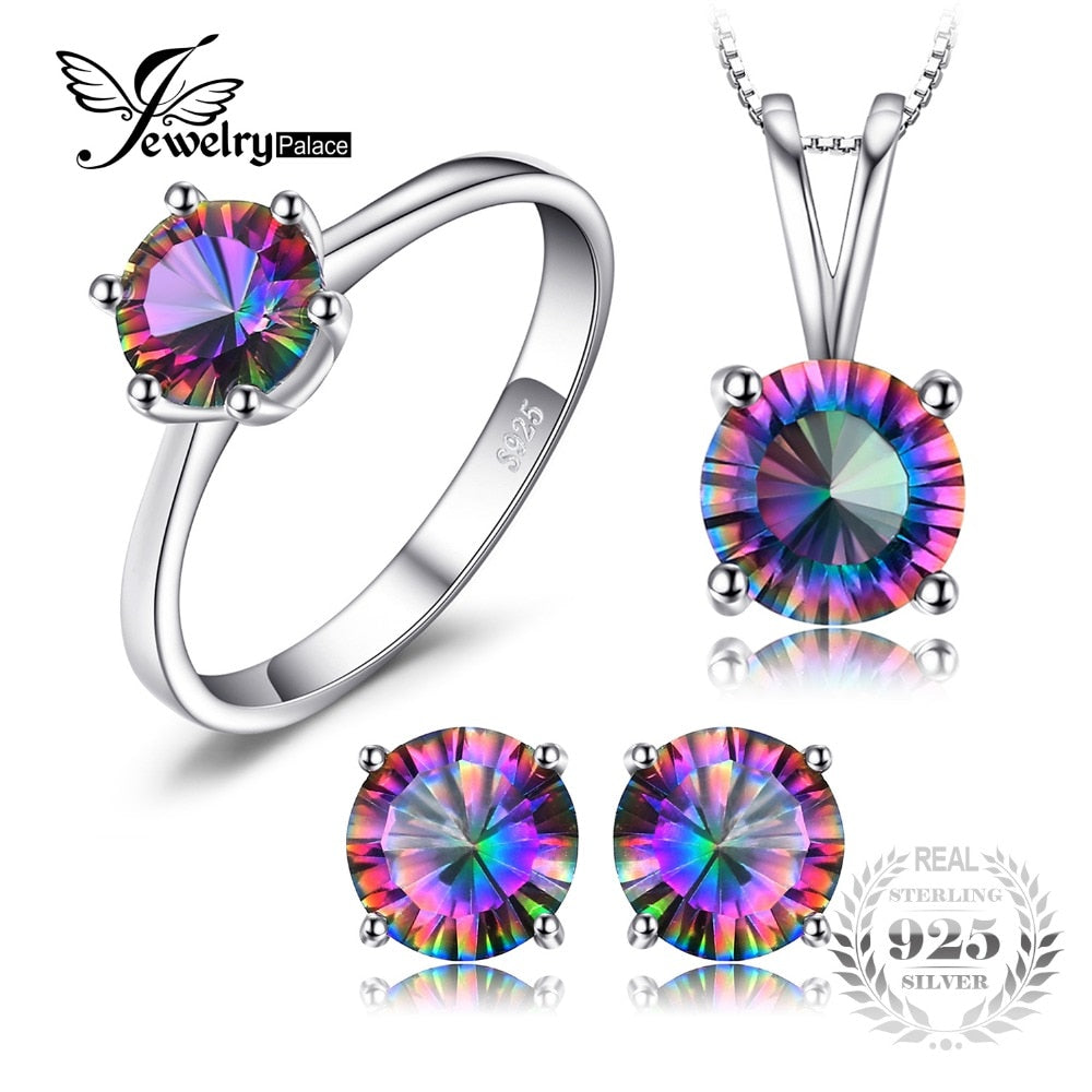 100% Natural Rainbow Fire Mystic Topaz Pendants Rings Earrings 925 Sterling Silver Jewelry Sets For Women Wedding Gifts