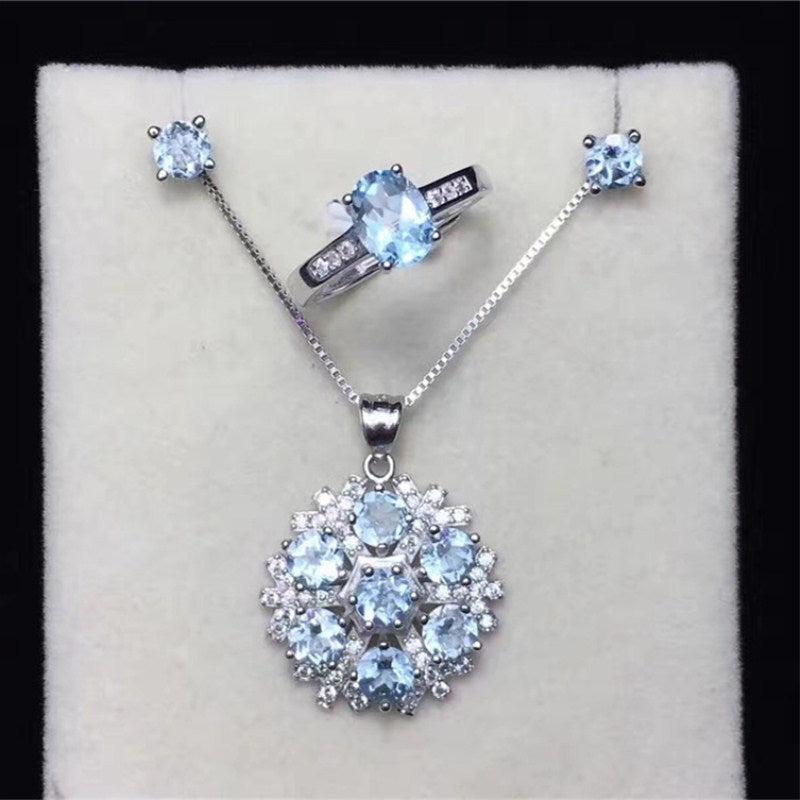 100% Natural Set Fine Jewelry For Women Ring Pendants Stud Earrings 925 Silver Blue Topaz Round Gemstone Jewelry Sets CCS002-3