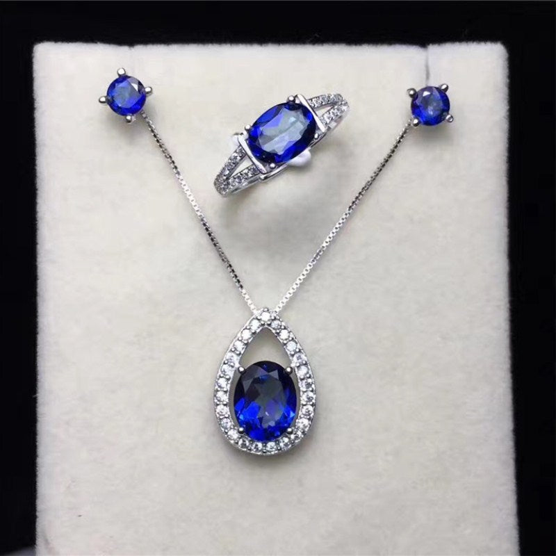100% Natural Tanzanite Jewelry Sets For Women Solid Silver Oval Blue Gemstone Fine Jewelry Ring Stud Earrings Pendant CCS004-3