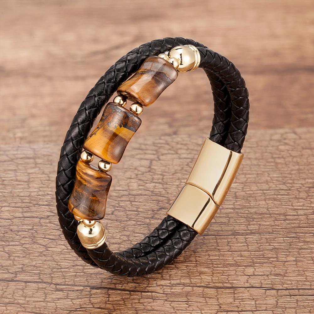 100%Natural Tiger Eye Stone Chakra Jewelry Charm Stainless Steel Men's Genuine Leather Braclets Natural Stone Bracelet