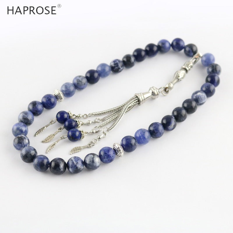 100% Natural agate Muslim tasbih Allah Rosary bracelets 33 beads Blue Stripe Agate Stone 6-10mm Islamic Bracelet