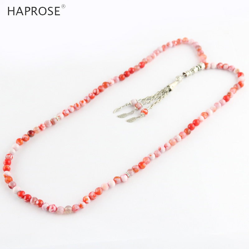 100% Natural agate Prayer Islamic Muslim tasbih Allah Rosary blue textured agate bracelets 99 beads 6-10mm red tassel necklace