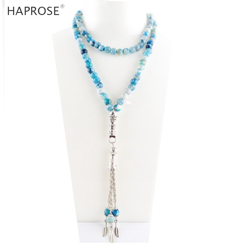 100% Natural agate Prayer Islamic Muslim tasbih Allah Rosary blue textured agate bracelets 99 beads blue 6-10mm tassel necklace