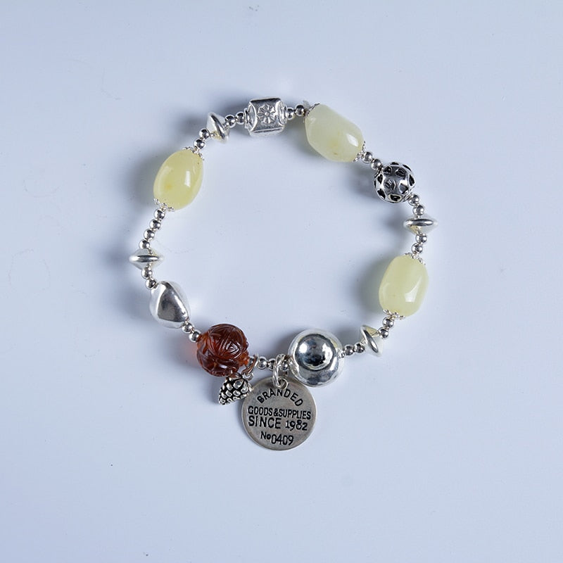 100% Natural amber beeswax multi-treasure hand string bracelet 999 sterling silver drop pendant lady genuine noble grade special