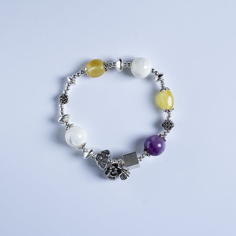 100% Natural amber beeswax multi-treasure hand string bracelet 999 sterling silver drop pendant lady genuine noble grade speci