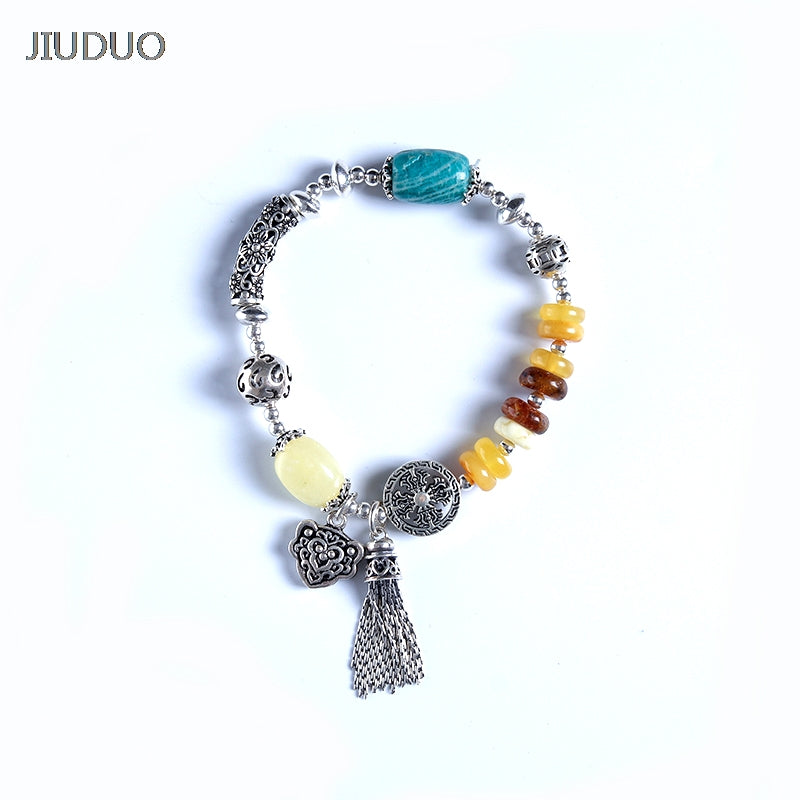 100%Natural amber beeswax multi-treasure hand string bracelet 999 sterling silver drop pendant lady genuine noble grade special