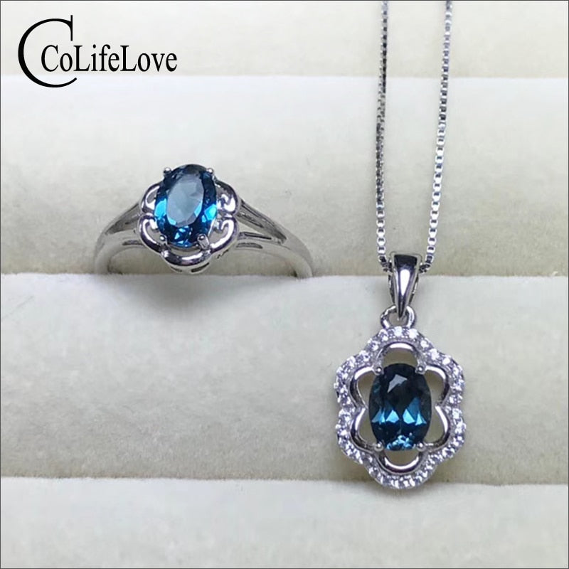 100% Natural light blue topaz jewelry set for party rose gold color 925 silver topaz ring earrings pendant set gift for girl