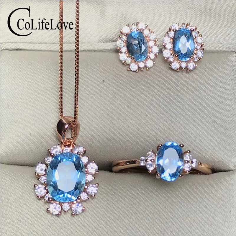 100% Natural light blue topaz jewelry set for party rose gold color 925 silver topaz ring earrings pendant set gift for girl