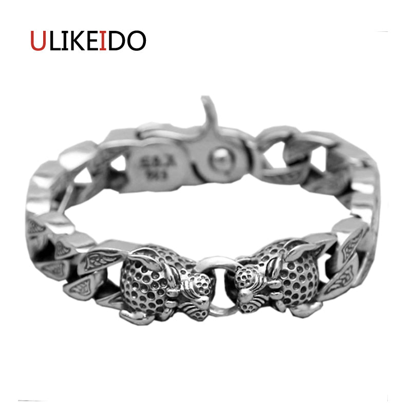 100% Pure 925 Sterling Silver Bracelet The leopard head Fashion Punk Hand Chain For Men Sprcial Jewelry Charm Bracelets Gift 336