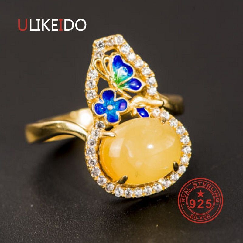 100% Pure 925 Sterling Silver Jewelry Amber Gourd Rings Adjustable Ethnic Ring For Women Party Gift R2020