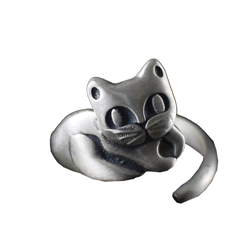 100% Pure 925 Sterling Silver Jewelry Cat Rings Opening Vintage Ring For Women Gift 0003