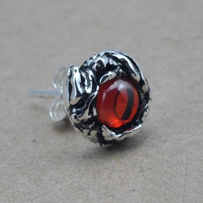 100% Pure 925 Sterling Silver Stud Earrings for Women Men Dragon Earrings Vintage Skeleton Gothic With Garnet Natural Stone