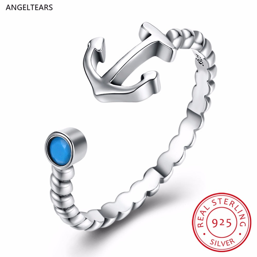 100% Real 925 Sterling Silver Anchor Shape Turquoise Opening Ring Woman Fashion Party Jewelry drop shipping anel bague