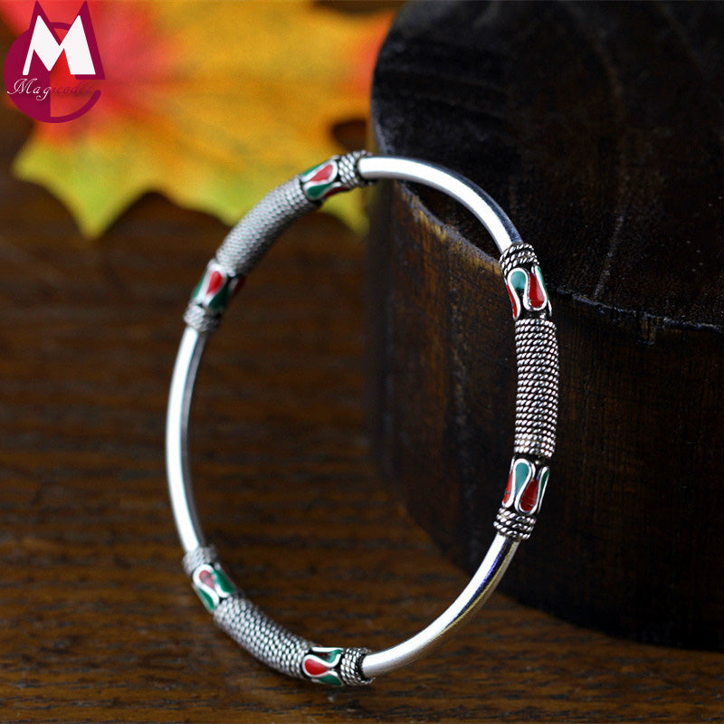 100% Real 925 Sterling Silver Bangle For Women Thailand Style Fashion Twist Enamel Vintage Rope Bracelet Ethnic Jewelry SB68
