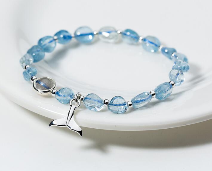 100% Real. 925 Sterling Silver Fine Jewelry Aquamarine crystal &moonstone Chain Bracelet Mermaid GTLS617