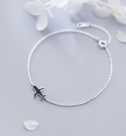 100% Real. 925 Sterling Silver Fine Jewelry Black Enamel Airplane plane chain Bracelet LS758
