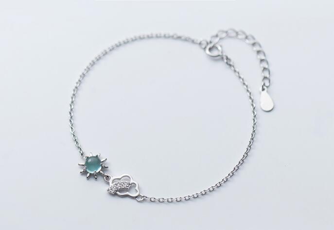 100% Real. 925 Sterling Silver Fine Jewelry Blue Crystal Sun & zirconia Cloud chain Bracelet LS762