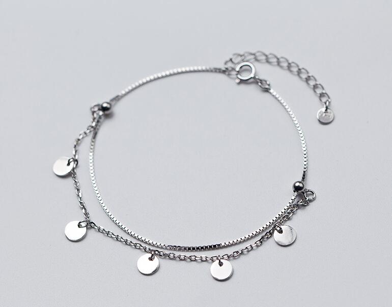 100% Real. 925 Sterling Silver Fine Jewelry Double Rows /Multi-layers with Round Coins Geometric Tassel Chain Bracelet GTLS518