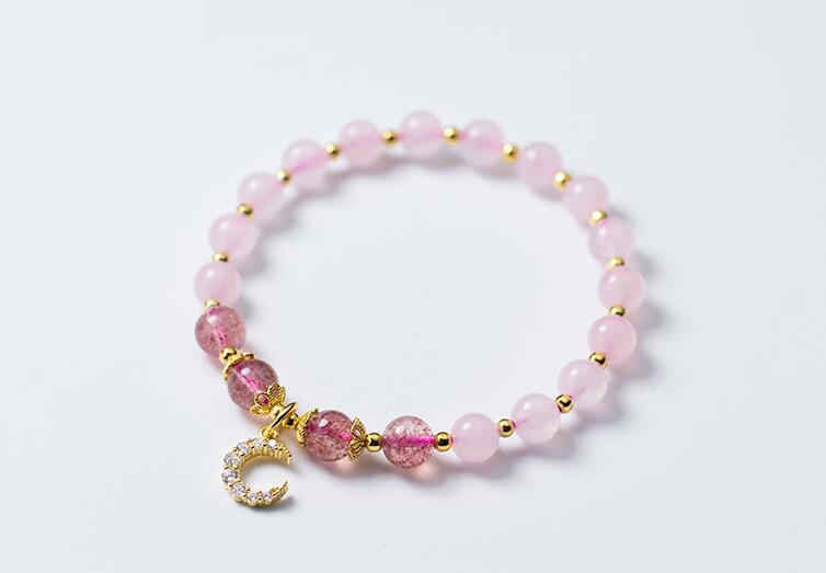 100% Real. 925 Sterling Silver Fine Jewelry Natural Rose Quartz Stone & Strawberry Quartz moon and Golden Beads Bracelet GTLS672