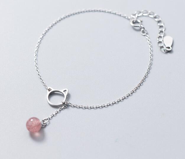 100% Real. 925 Sterling Silver Fine Jewelry Open Cat Kitten Rose Strawberry Quartz Stone chain Bracelet LS759