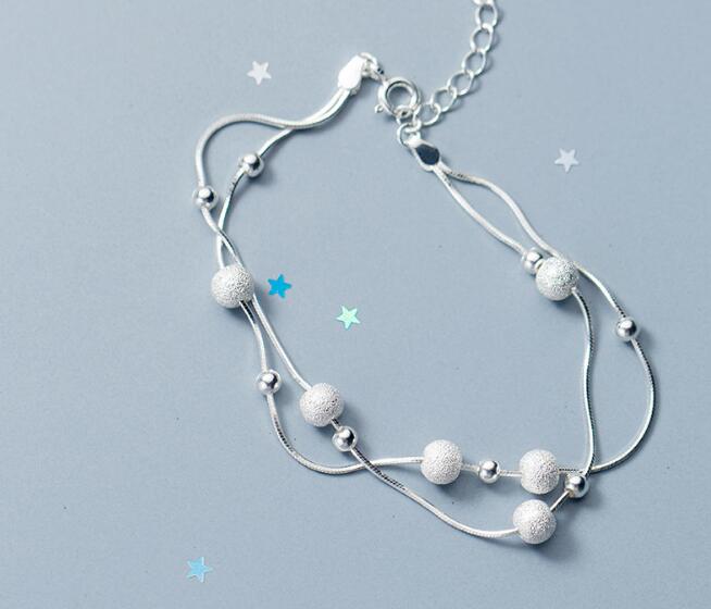 100% Real. 925 Sterling Silver Fine Jewelry two-rows Brushed Lucky Round Beads &Polished Small round beads chain Bracelet LS764