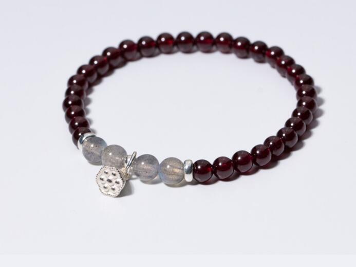 100% Real. 925 Sterling Silver Jewelry 5mm Natural Red Garnet Stone& MoonstoneChain Bracelet with Lotus Charms peace GTLS535