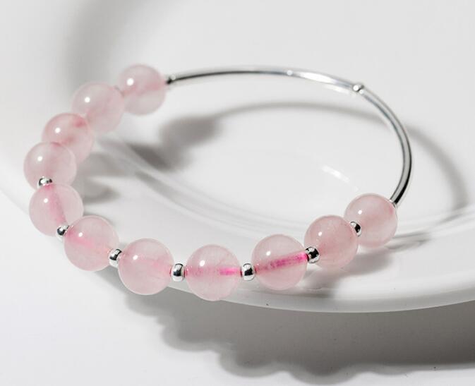 100% Real. 925 Sterling Silver Jewelry 8.5MM Rose Quartz Stone Cuff Bracelet with beads Charms GTLS539