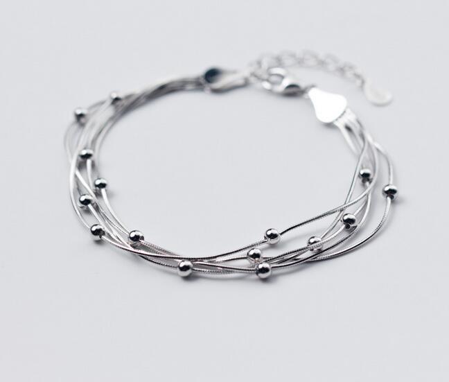 100% Real. 925 Sterling Silver Jewelry Multi-Layers Multi-Rows Snake Bone Chain Bracelet with Beads design Adjustable GTLS457