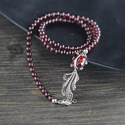 100% Real 925 Sterling Silver Jewelry Round 3MM Natural Red Garnet Stone Goldfish Design Lucky Ball Bead Charms Bracelet Bangle