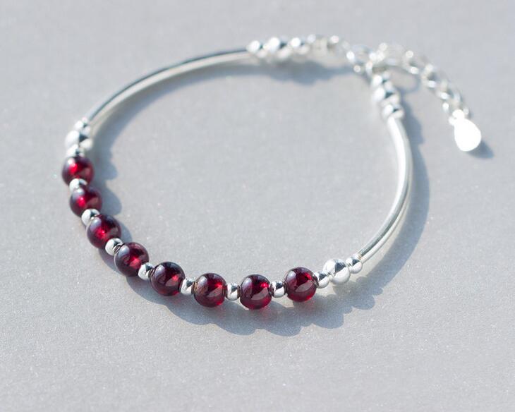 100% Real. 925 Sterling Silver Jewelry Round 6MM Natural Red Garnet Stone & ROUND bead Cuff Bracelet Bangle GTLS400