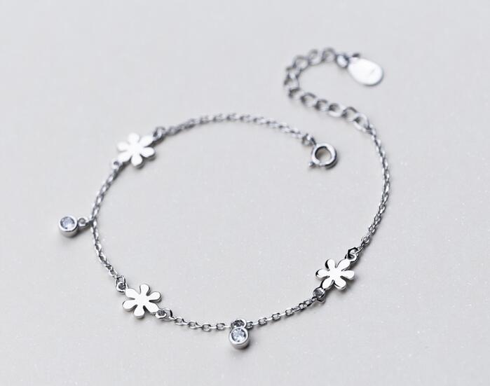 100% Real. 925 Sterling Silver Jewelry Round Stone aaa &Flower Chain Bracelet Adjustable GTLS451